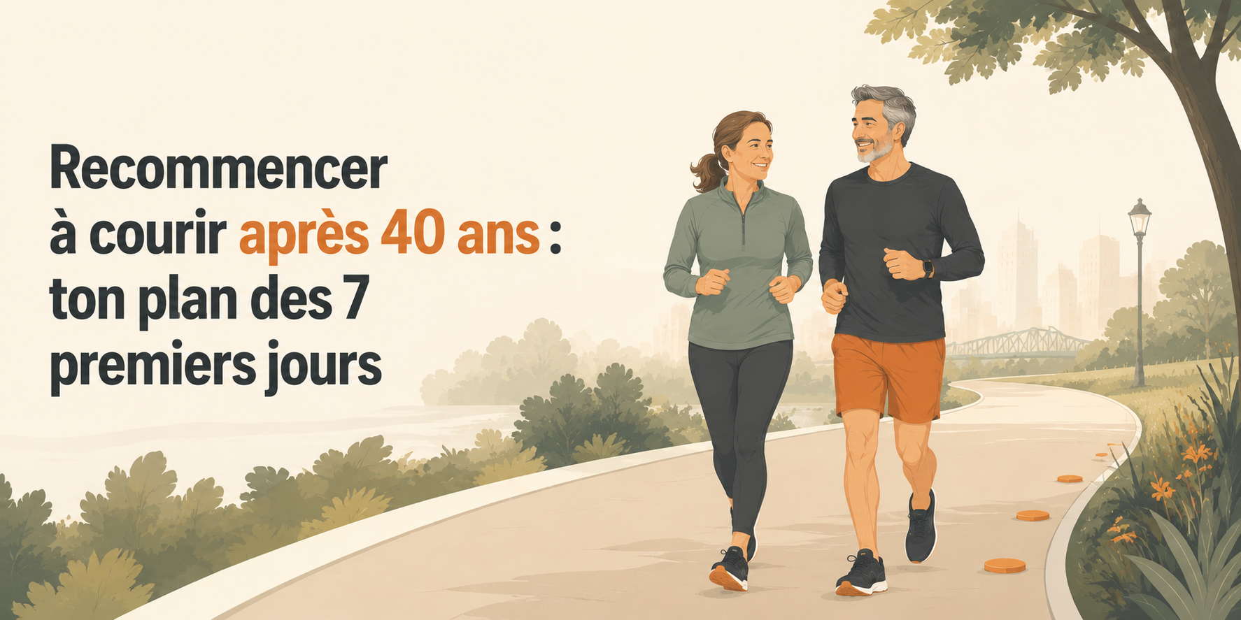 Illustration d'Alvaro accompagnant une coureuse sur un sentier : Recommencer à courir après 40 ans, ton plan des 7 premiers jours